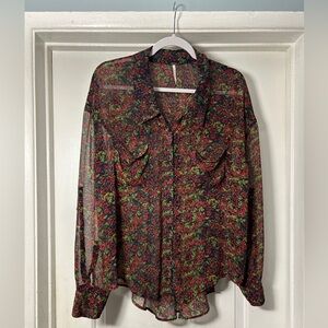 Free People Floral Sheer Button-Up Blouse - Size M